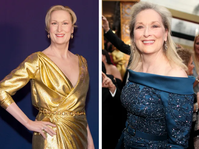 Two images of a smiling woman in formal dresses; one gold, one blue, in different settings.