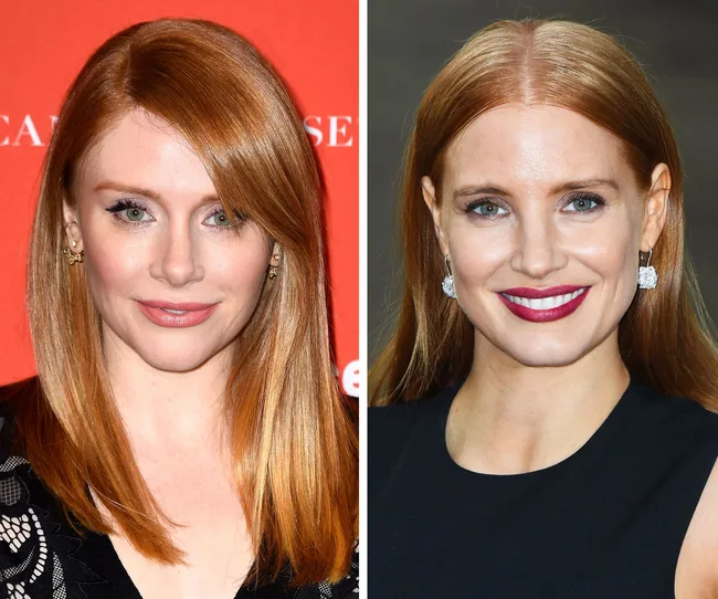 Two red-haired women with similar features, smiling at camera; left has straight hair, right has slicked-back hair.
