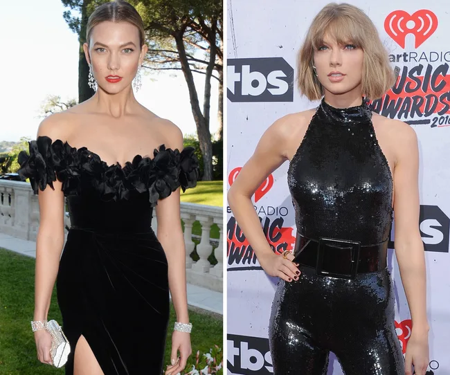 Two women in fashionable black outfits; one in a floral off-shoulder dress outdoors, the other in a sequin jumpsuit at an event.