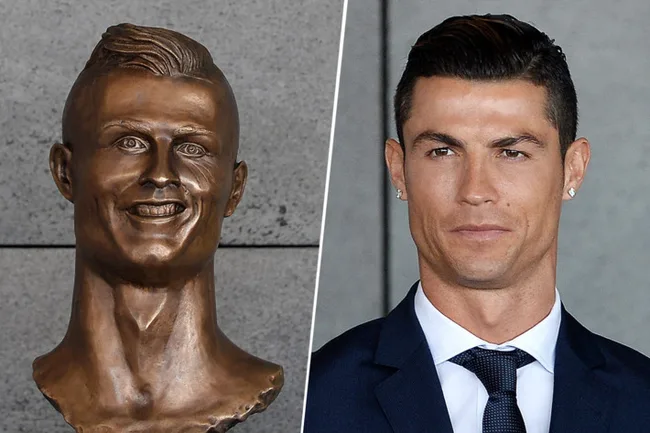"Side-by-side image of a bronze bust sculpture and a man in a suit with similar features."