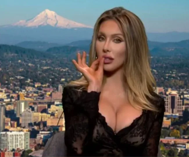 Blonde woman in black lace top gestures with fingers in front of lips, mountain cityscape in background.