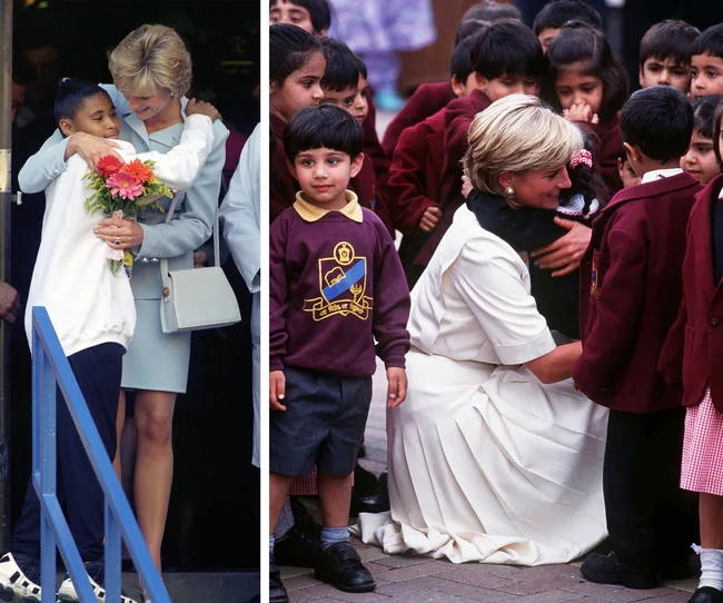 Princess Diana hugging children, receiving flowers, and kneeling to greet young students in school uniforms.