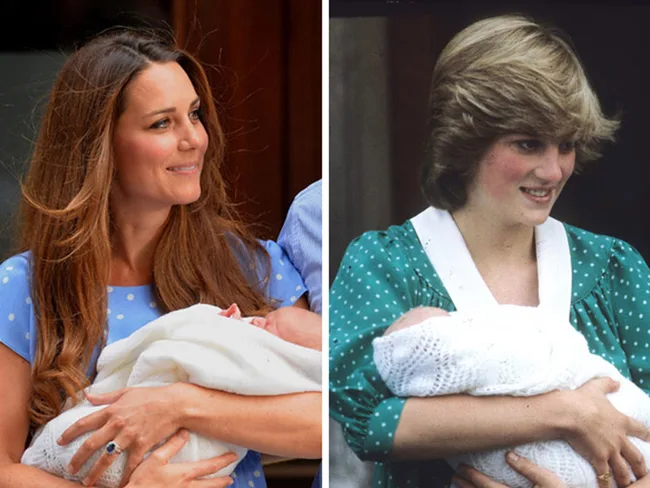 "Two women holding newborns in similar poses, wearing polka dot dresses, one blue and the other green."