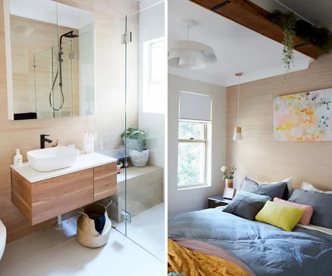 Modern bathroom with wood accents and a cozy bedroom with colorful cushions and abstract wall art.