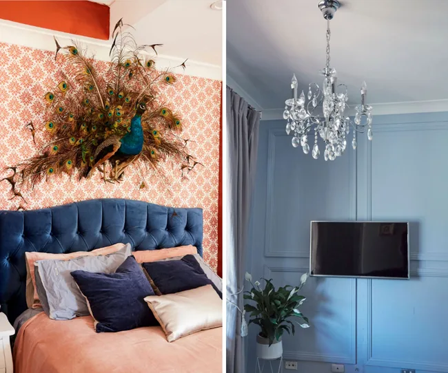 "Left: Peacock wall decor above bed with blue headboard; Right: Crystal chandelier and TV on blue wall."
