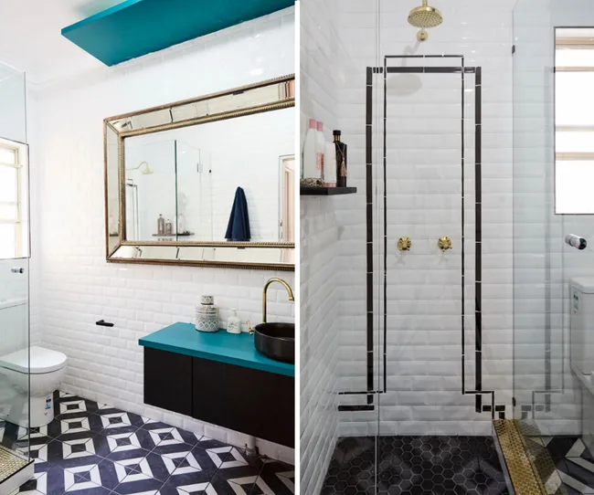 Modern bathroom with geometric tile floor, large mirror, blue countertop, black sink, and glass shower enclosure.