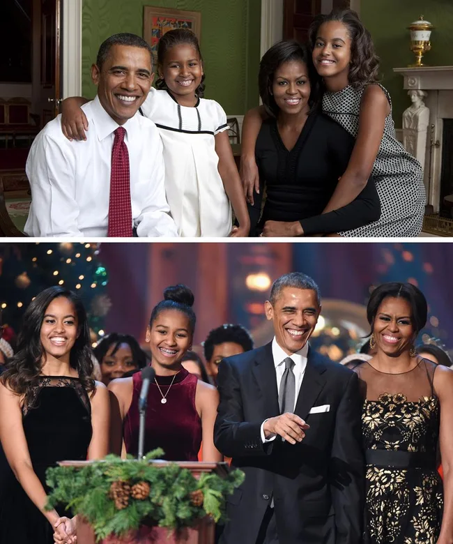 A family in formal and casual attire in two photos, smiling together in a living room and at an event.