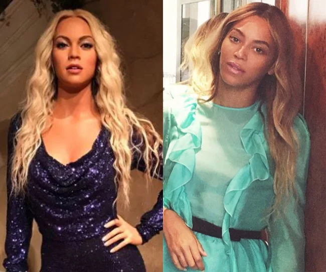 "Side by side comparison of a woman in a sparkly blue dress and another in a turquoise dress, both with long blonde hair."