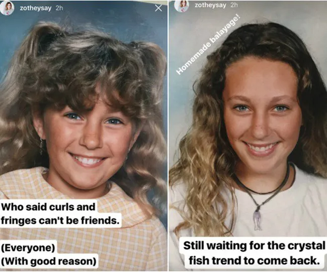 Two side-by-side childhood photos showing a girl with curly hair and fringe on the left, and wavy hair with a crystal fish necklace on the right.