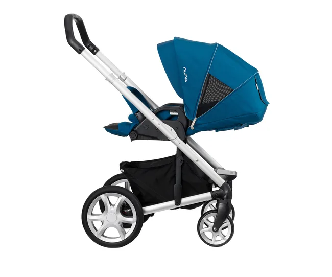 Blue Nuna stroller with a silver frame, adjustable handle, and black wheels, designed for infants, side view.