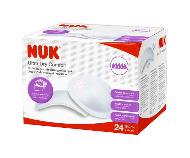 NUK Ultra Dry Comfort breast pads box, 24 pieces, with features highlighted like absorbency and skin-friendliness.