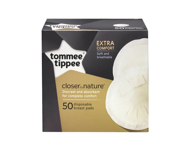 Tommee Tippee breast pads box with "Extra Comfort" text, showing 50 disposable pads for absorbency and comfort.