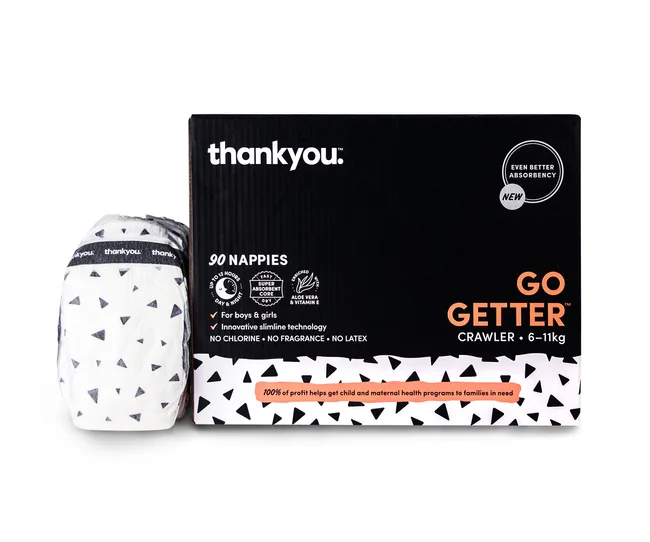 Thankyou Go Getter disposable nappies for crawlers, 90-pack box with black and white triangle design.