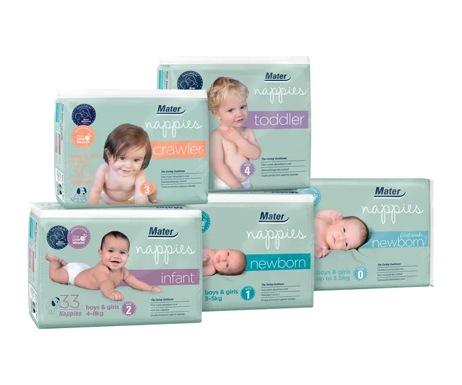 Packages of Mater nappies for different baby stages: newborn, infant, crawler, toddler.