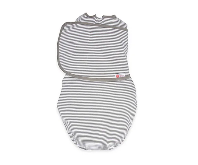 Gray and white striped baby swaddle with Velcro closure, laid flat.