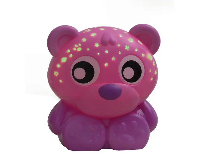 Pink bear night light with star and paw projections for nursery ambiance.