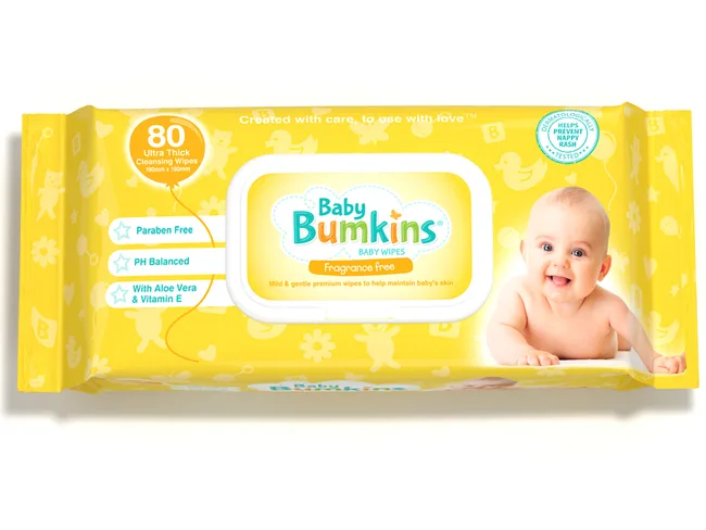 Package of Baby Bumpkins fragrance-free wipes with a smiling baby on the front.