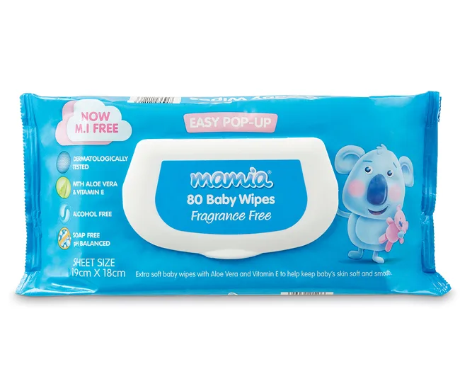 Mamia fragrance-free baby wipes pack with koala illustration, 80 count, dermatologically tested.