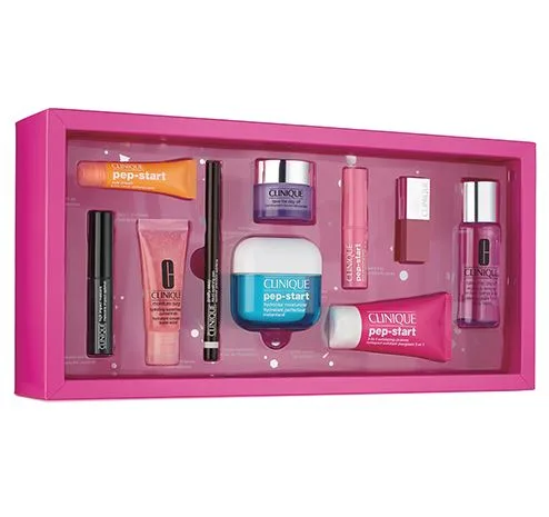Clinique gift set with various skincare and makeup products in a pink box.