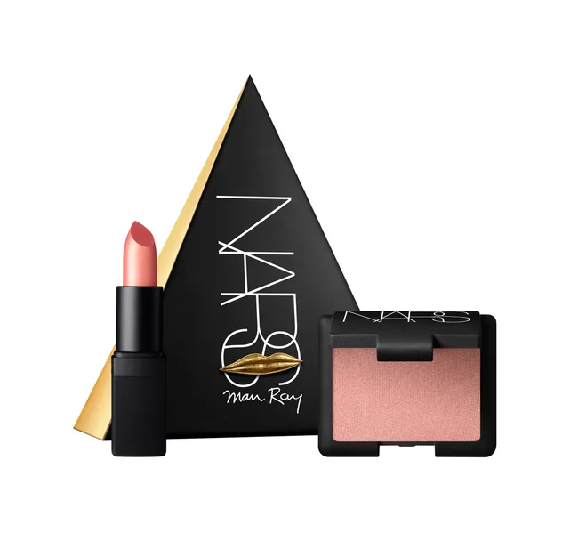 NARS Man Ray makeup set with pink lipstick, blush, and pyramid-shaped packaging.