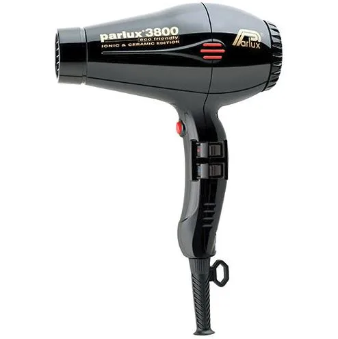 Parlux 3800 black hair dryer with eco-friendly ionic and ceramic technology, featuring a sleek handle and nozzle.