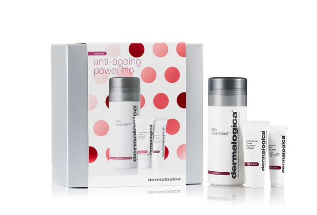 Dermalogica Anti-Ageing Power Trio set with daily superfoliant and recovery masque tubes.