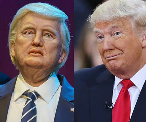 Two images side by side: one of a wax figure and the other of a man in a suit with a red tie.