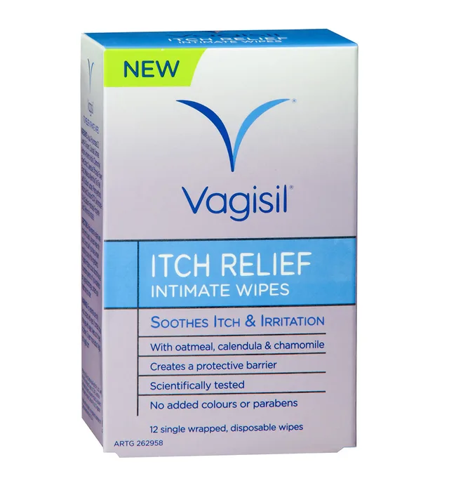 Vagisil Itch Relief Intimate Wipes box with protective and soothing properties, 12 disposable wipes.