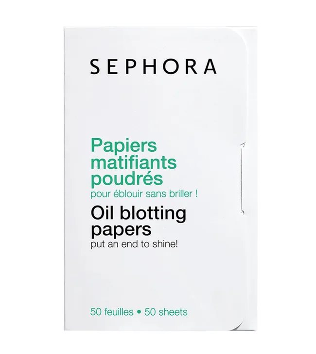 Sephora Oil Blotting Papers box with text in English and French, containing 50 sheets for reducing facial shine.
