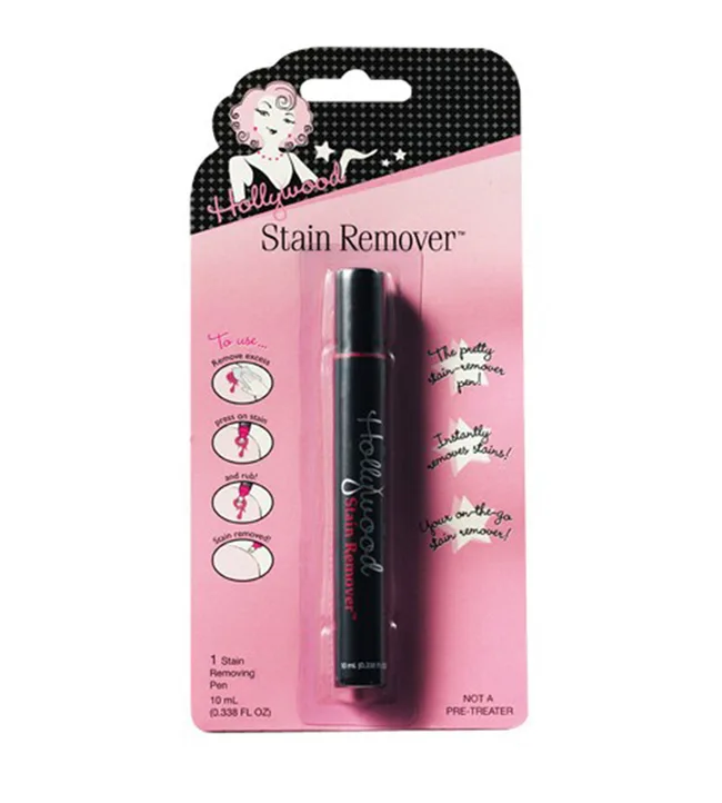 "Hollywood Stain Remover pen in black and pink packaging with simple usage instructions."