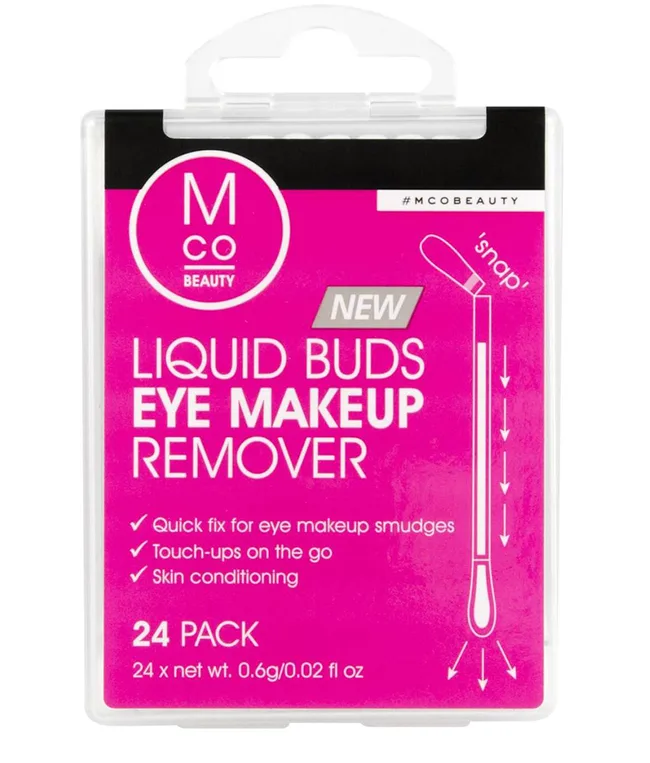 MCoBeauty Liquid Buds Eye Makeup Remover, pink packaging, 24 pack, for quick makeup fixes and touch-ups.