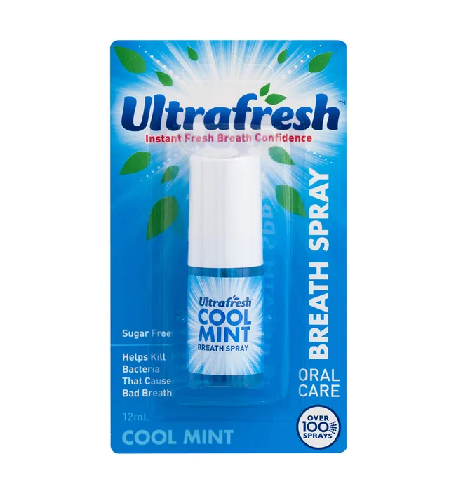 Ultrafresh Cool Mint breath spray package, blue design, promotes fresh breath and kills bacteria, sugar free, 12ml bottle.