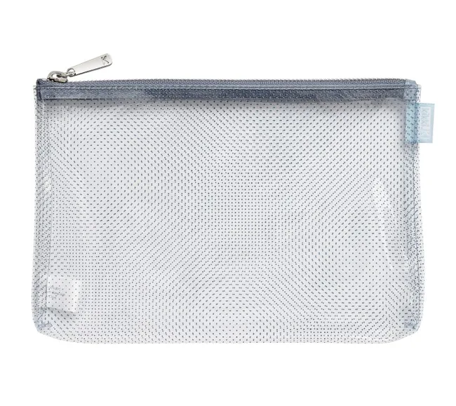 Transparent mesh zipper pouch with a silver zipper and minimal dot pattern.