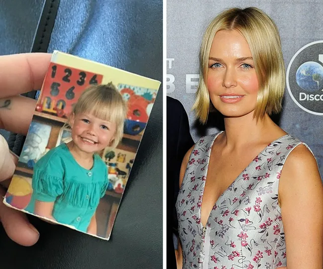 Two images: a young girl in a blue dress smiling in a classroom, and a woman with blonde hair at an event.