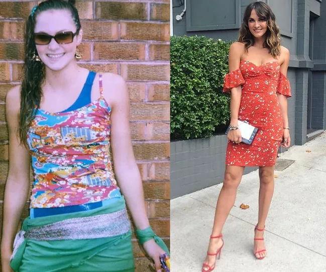 Two images of a woman, left in casual colorful outfit with sunglasses, right in red floral dress and heels outdoors.
