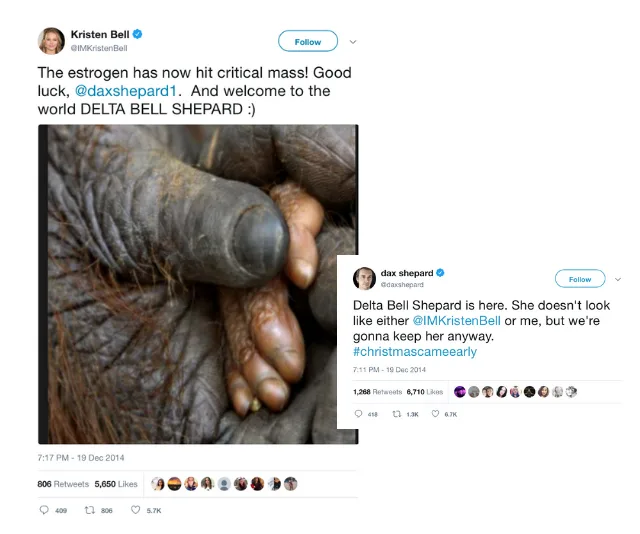 Close-up of a gorilla's fingers, with tweets by Kristen Bell and Dax Shepard announcing Delta Bell Shepard.