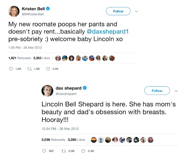 Kristen Bell and Dax Shepard tweet humorously about their newborn, Lincoln Bell Shepard, on March 28, 2013.