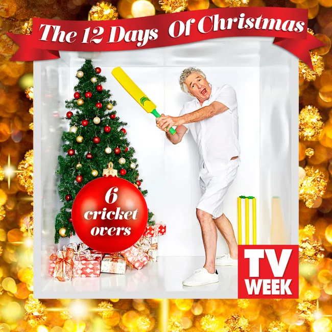 Man with cricket bat by Christmas tree; text reads "6 cricket overs" - TV WEEK "The 12 Days Of Christmas".