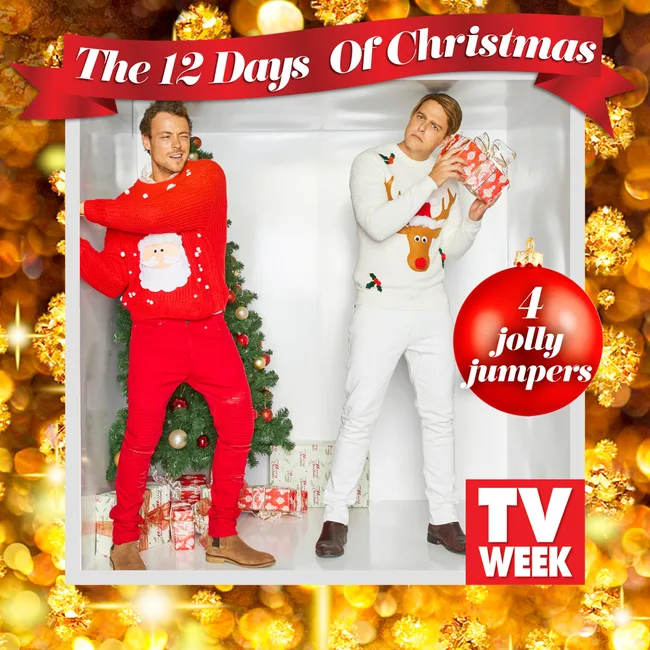 Two men in festive sweaters pose humorously by a Christmas tree surrounded by gifts; text reads "4 jolly jumpers."