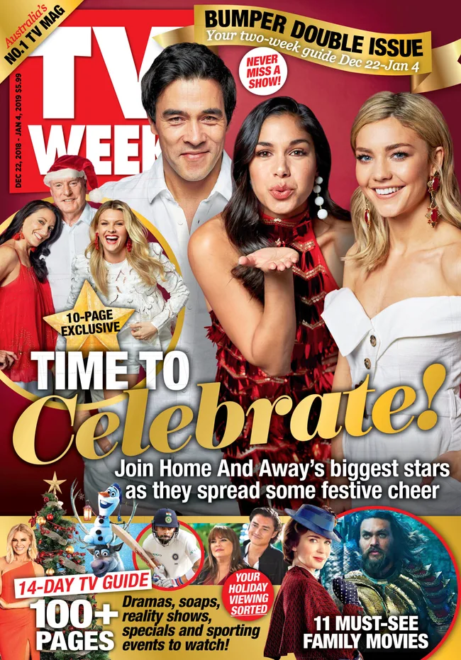 TV Week magazine cover featuring "Home and Away" cast celebrating the festive season, with text "Time to Celebrate!"