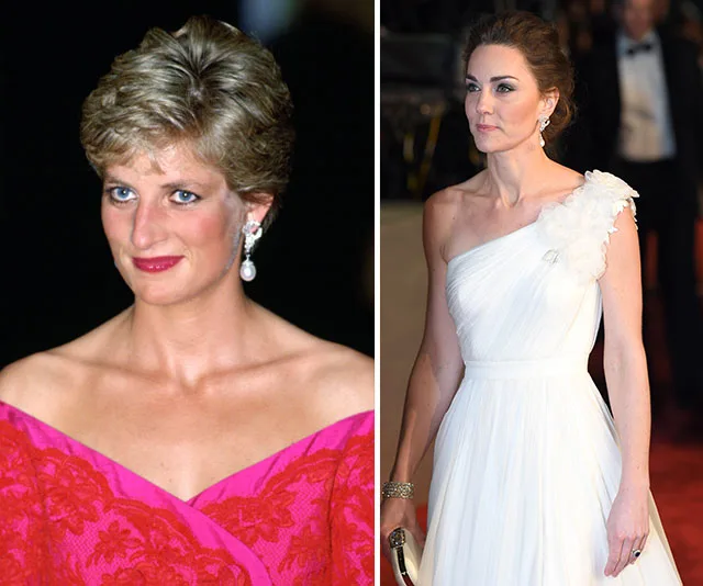 Princess Diana in a pink dress and Kate Middleton in a white gown, both wearing elegant earrings.