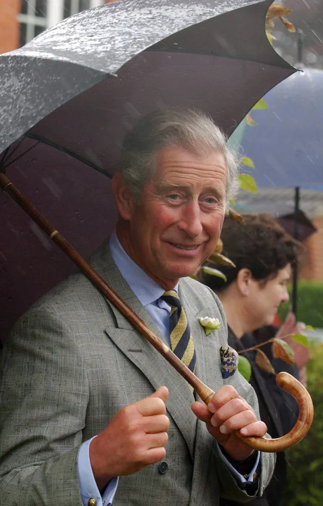 A man in a suit holds an umbrella in the rain, smiling.