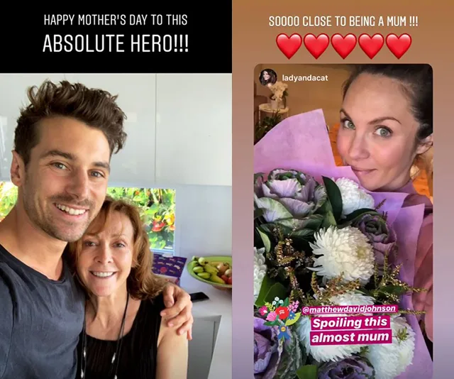 Man with arm around older woman smiling, and woman holding flowers with the text "Spoiling this almost mum."