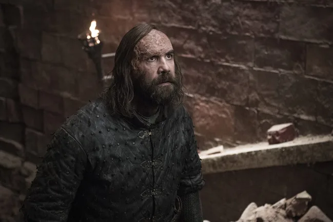 A rugged character in medieval armor stands in a stone corridor with a torch on the wall behind him.