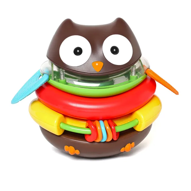 Colorful owl-shaped stacking toy with rings and textures.