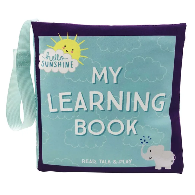 Soft baby book titled "My Learning Book" with sun and elephant design, includes words "Read, Talk & Play."