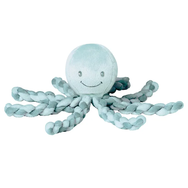 Aqua plush octopus toy with a smiling face and braided tentacles.
