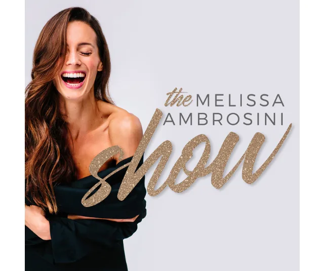 A woman laughing, wearing a dark off-shoulder top. Text: "The Melissa Ambrosini Show".