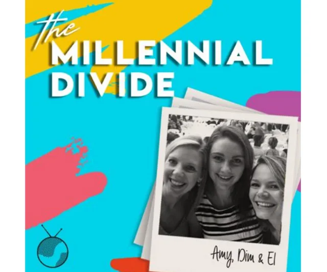 "The Millennial Divide podcast cover with a photo of three women labeled Amy, Dim, and El."