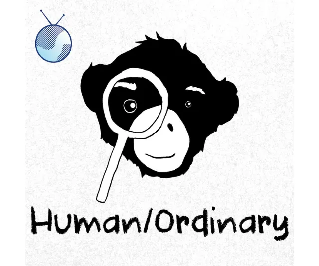 Cartoon monkey with a magnifying glass and "Human/Ordinary" text below, with a small globe icon in the corner.